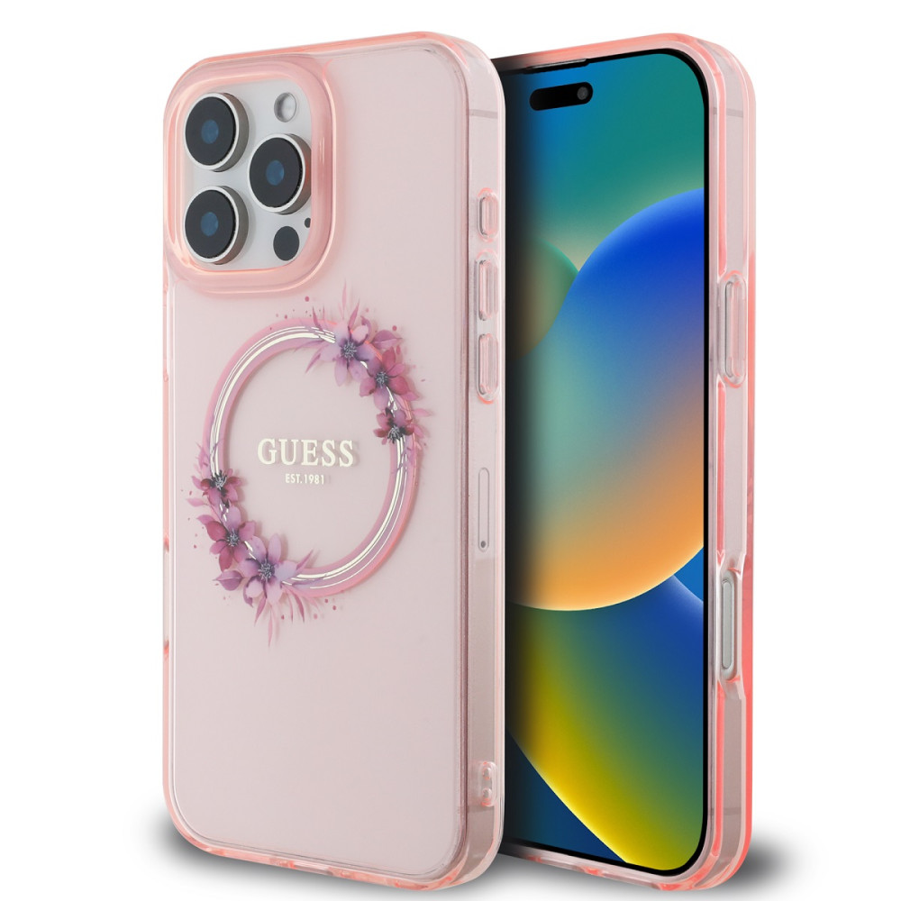 Калъф Guess IML Flowers Ring MagSafe Pink GUHMP16LHFWFCP за Apple iPhone 16 Pro