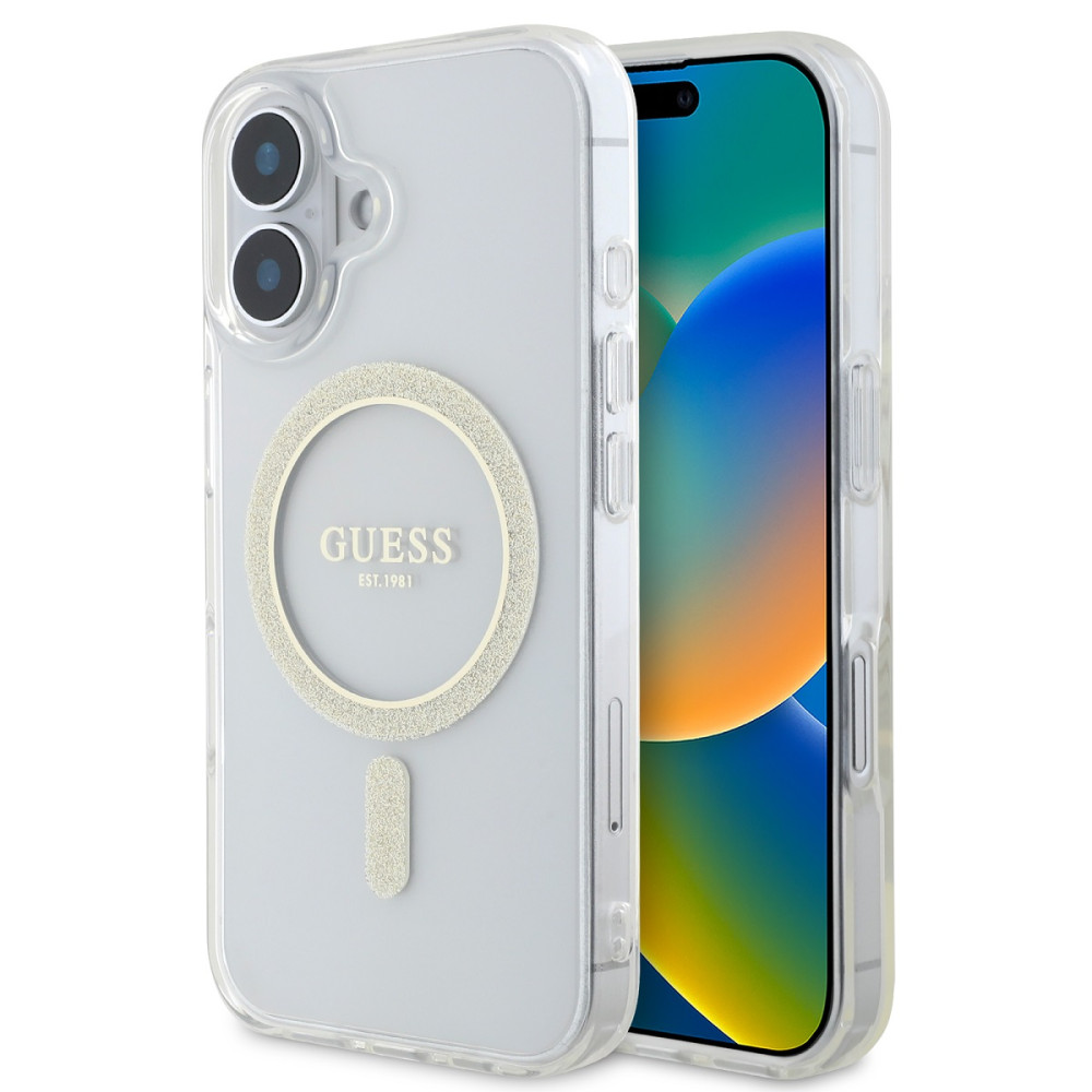 Калъф Guess IML Glitter Ring MagSafe Transparent GUHMP16SHFGERET за Apple iPhone 16