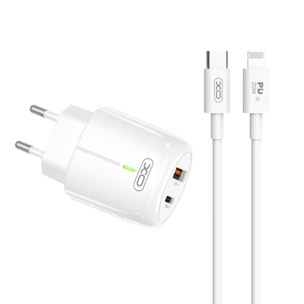 Зарядно устройство 220V XO - L114 20W, USB-A, USB-C + кабел Type-C към Lightning, LED indicator