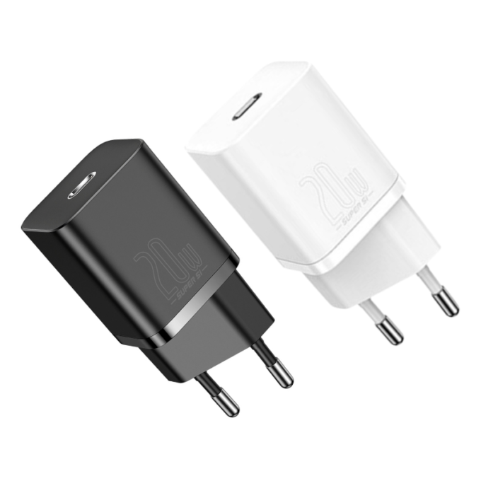 Зарядно устройство 220V Baseus 20W, USB-C + кабел Type-C - Lightning, Super Si