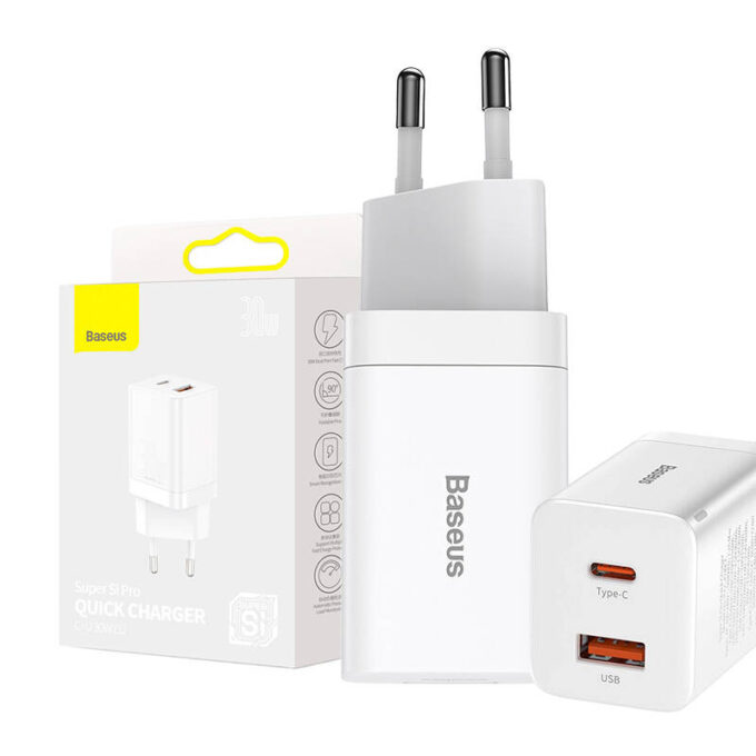 Зарядно устройство 220V Baseus 30W, USB-C, USB-A, Super Si Pro, Quick Charger - Image 8