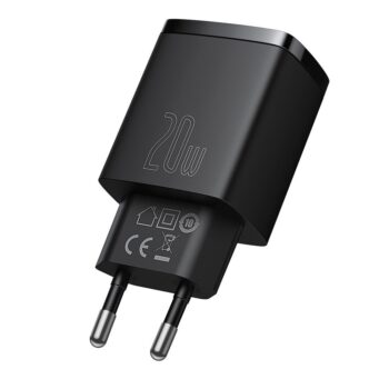 Зарядно устройство 220V Baseus 20W, USB-A, USB-C, 3A, Compact Series - Черен