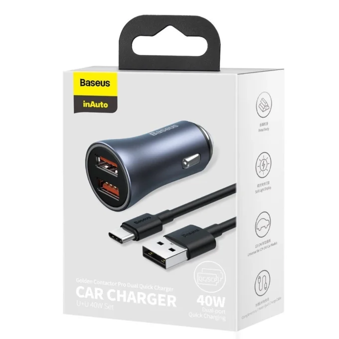 Зарядно за автомобил 12V BASEUS 40W, 2xUSB-A, Golden Contactor Pro (TZCCJD-A0G) - Image 3