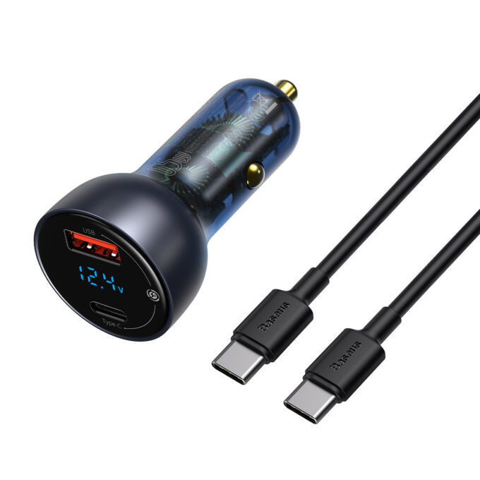 Зарядно за автомобил 12V BASEUS 65W, USB-A, USB-C + кабел Type-C - Type-C 100W (TZCCKX-0G)