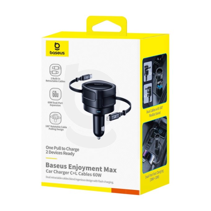 Зарядно за автомобил 12V BASEUS 60W, кабели Type-C + Lightning, Enjoyment Max (C00035507121-00) - Image 6