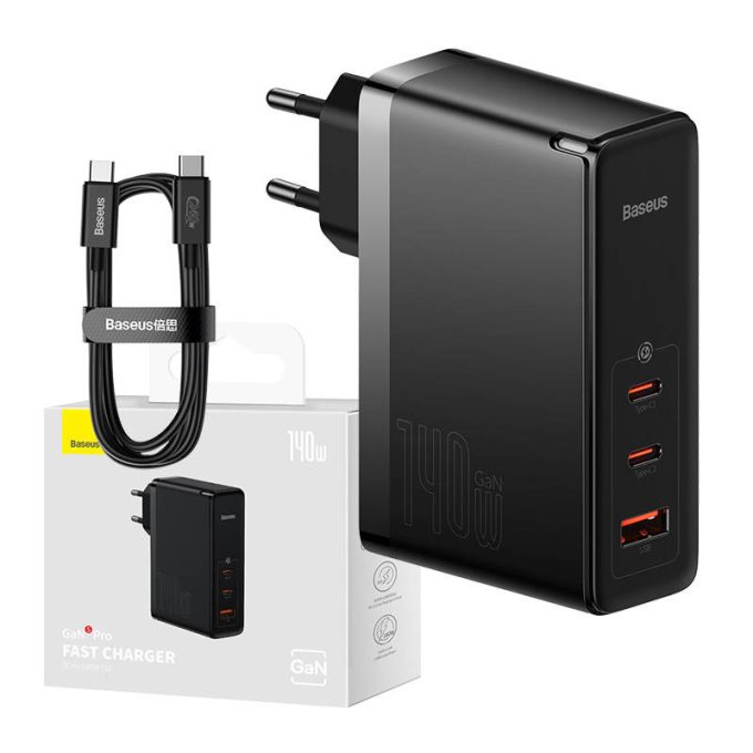 Зарядно устройство 220V BASEUS 140W, USB-A, 2xUSB-C GaN5 Pro + кабел Type-C към Type-C (CCGP100201) - Image 4