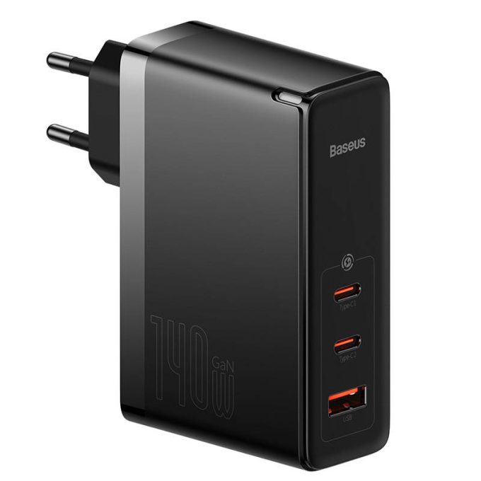 Зарядно устройство 220V BASEUS 140W, USB-A, 2xUSB-C GaN5 Pro + кабел Type-C към Type-C (CCGP100201)