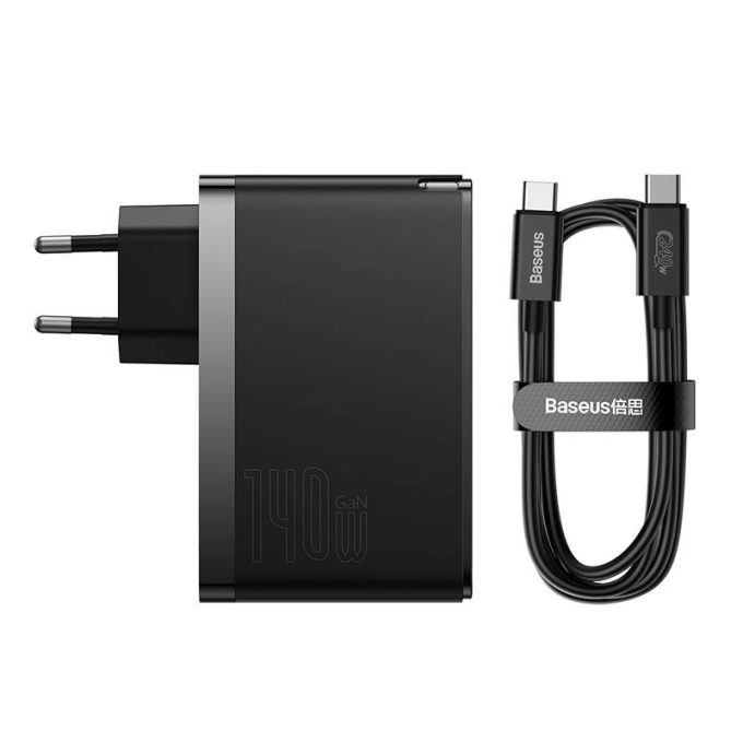 Зарядно устройство 220V BASEUS 140W, USB-A, 2xUSB-C GaN5 Pro + кабел Type-C към Type-C (CCGP100201) - Image 2