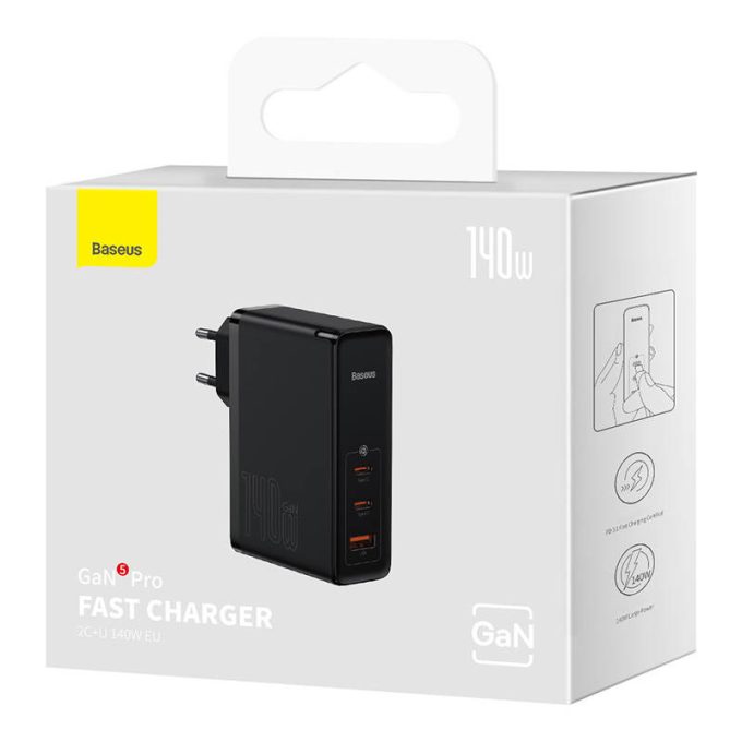 Зарядно устройство 220V BASEUS 140W, USB-A, 2xUSB-C GaN5 Pro + кабел Type-C към Type-C (CCGP100201) - Image 5