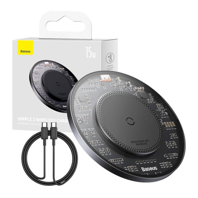 Безжично зарядно 220V Baseus Wireless 15W, SIMPLE2 (CCJJ050001) + кабел Type-C към Type-C - Image 8