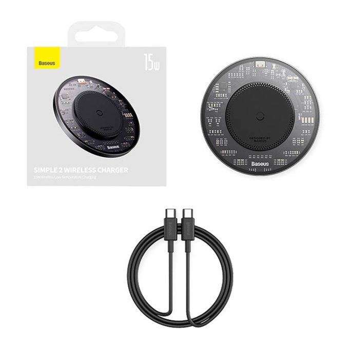 Безжично зарядно 220V Baseus Wireless 15W, SIMPLE2 (CCJJ050001) + кабел Type-C към Type-C - Image 7