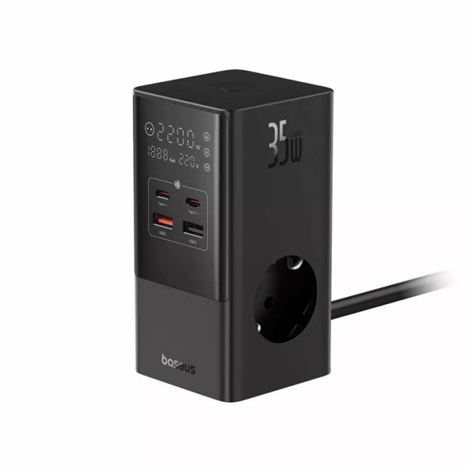 Разклонител / Зарядна станция 220V BASEUS 35W, 3xAC + 2xUSB-A + 2xUSB-C, PowerCombo Tower (E00023606113-00)