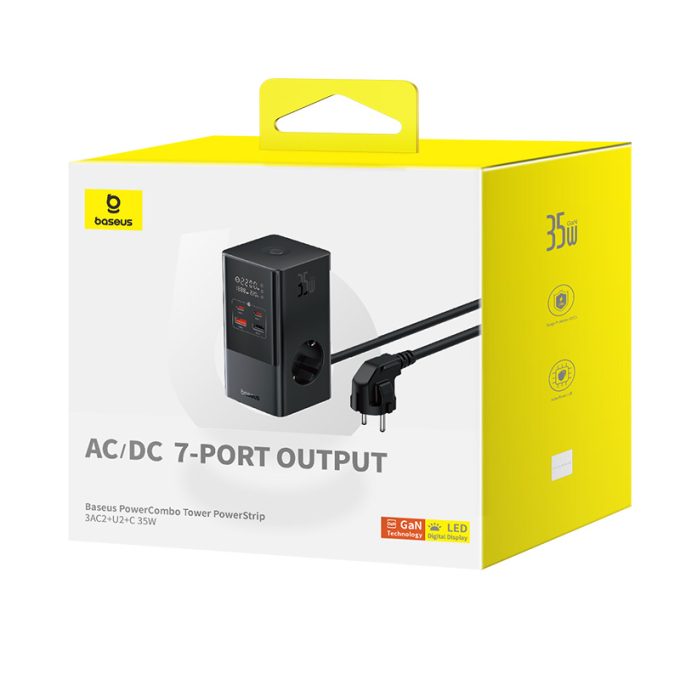 Разклонител / Зарядна станция 220V BASEUS 35W, 3xAC + 2xUSB-A + 2xUSB-C, PowerCombo Tower (E00023606113-00) - Image 5