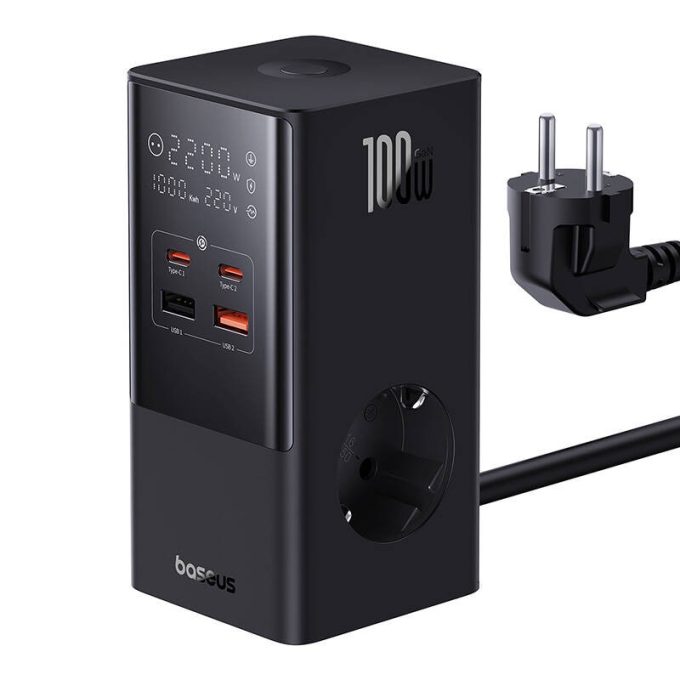 Разклонител / Зарядна станция 220V BASEUS 100W, 2xAC + 2xUSB-A + 2xUSB-C, PowerCombo Tower (E00023609113-00)