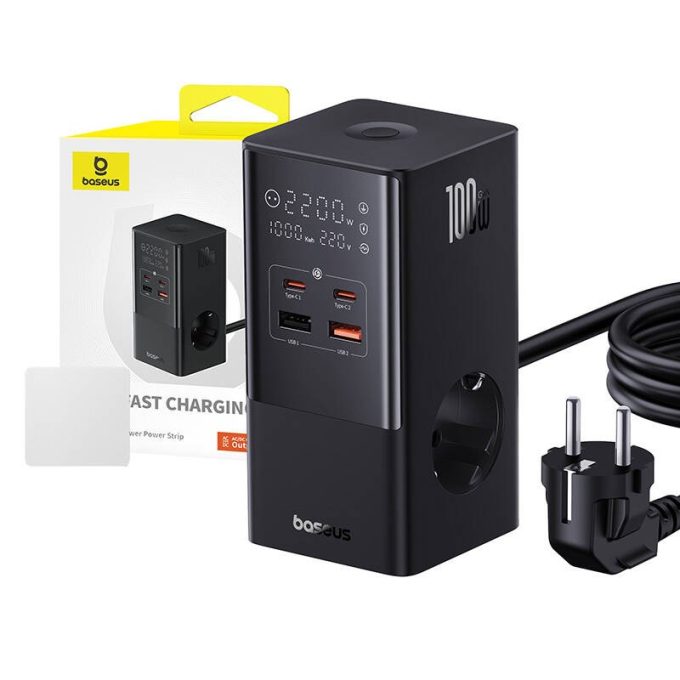 Разклонител / Зарядна станция 220V BASEUS 100W, 2xAC + 2xUSB-A + 2xUSB-C, PowerCombo Tower (E00023609113-00) - Image 6