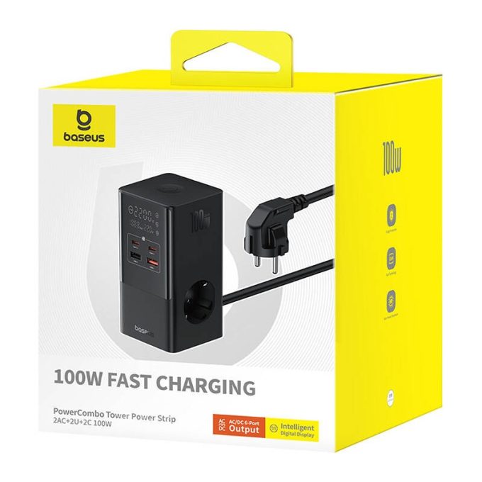 Разклонител / Зарядна станция 220V BASEUS 100W, 2xAC + 2xUSB-A + 2xUSB-C, PowerCombo Tower (E00023609113-00) - Image 7